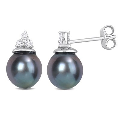 EVERLY JEWELRY | Sterling Silver 8 - 8.5 MM Black Tahitian Cultured Pearl and 1/8 CT TW Diamond Stud Earrings