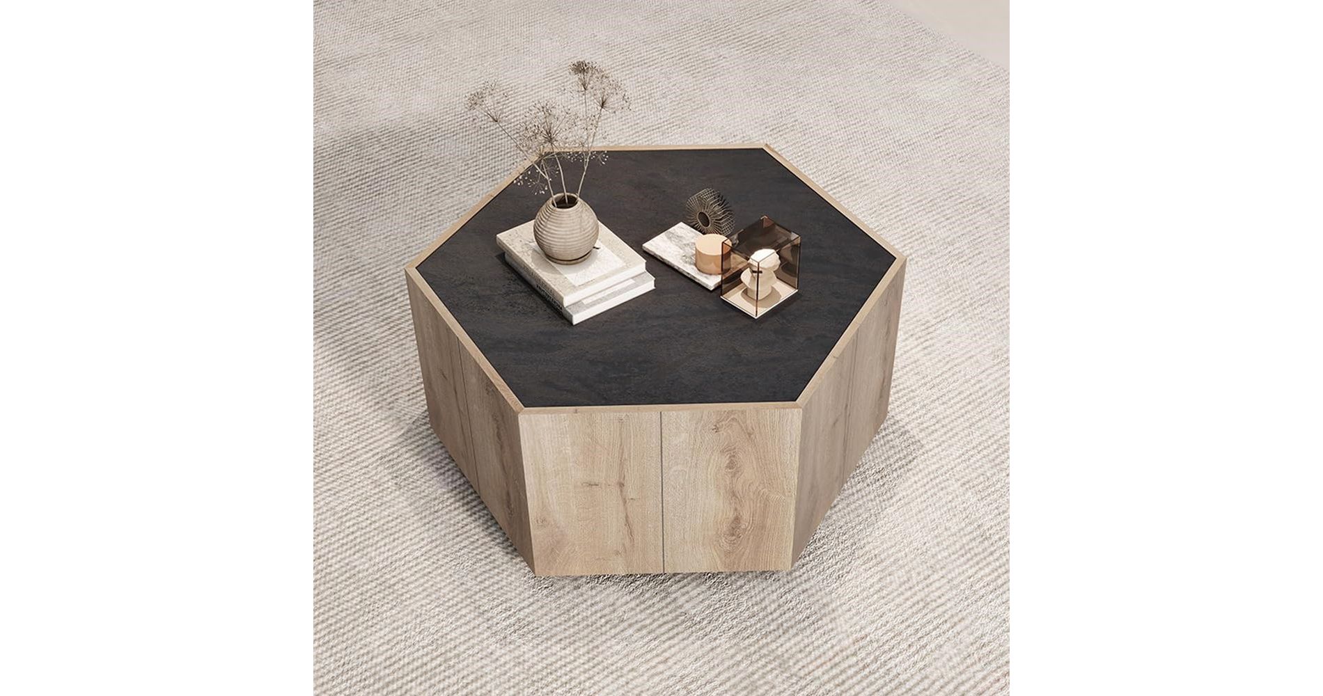 Coffee Table Hexagonal Wood Rural Style Table with 2 Storage Drawers Center Table for Living Room Bedrooms Light Oak
