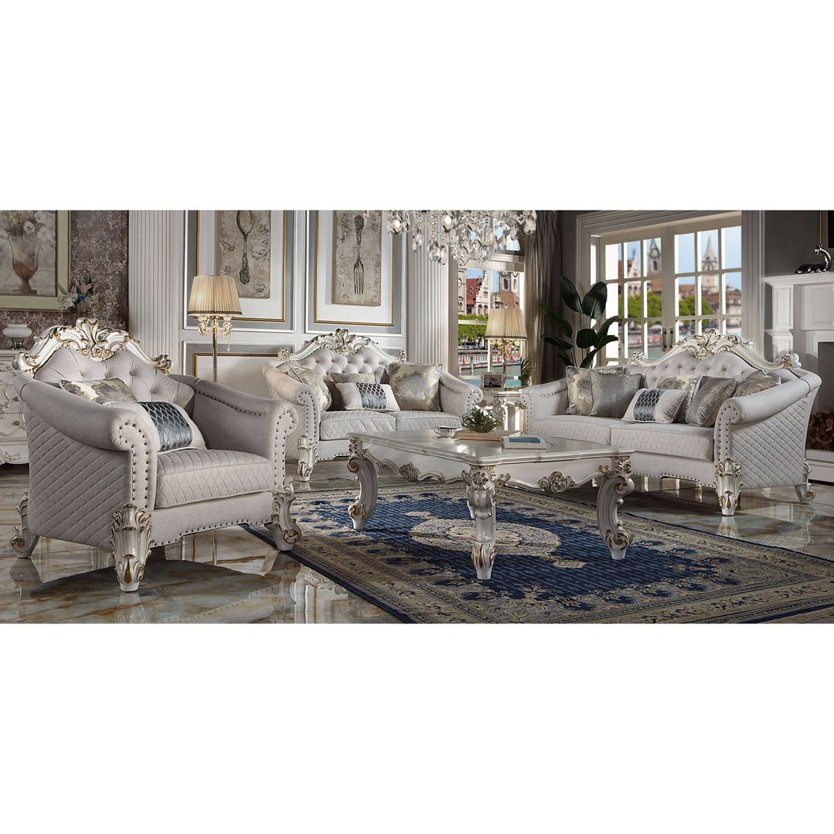 66" Vendome II Sofas Two Tone Ivory Fabric and Antique Pearl Finish - Acme Furniture: Elegant Leather Upholstery, Nailhead Trim - thumbnail 7