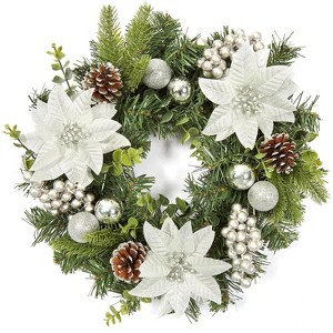 16" Christmas Wreath for Front Door,  Xmas Door Wreath with Balls, Artificial Flowers, Berries & Pine Cones for Fireplace Wall Window Table - 1 of 4