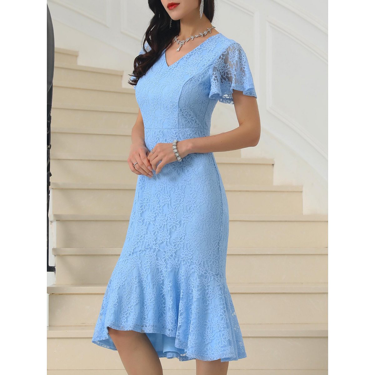 Женские платья INSPIRE CHIC Women's Lace Floral Fishtail Formal Cocktail Short Sleeve Midi Dress X-Large Light Blue — фото 2