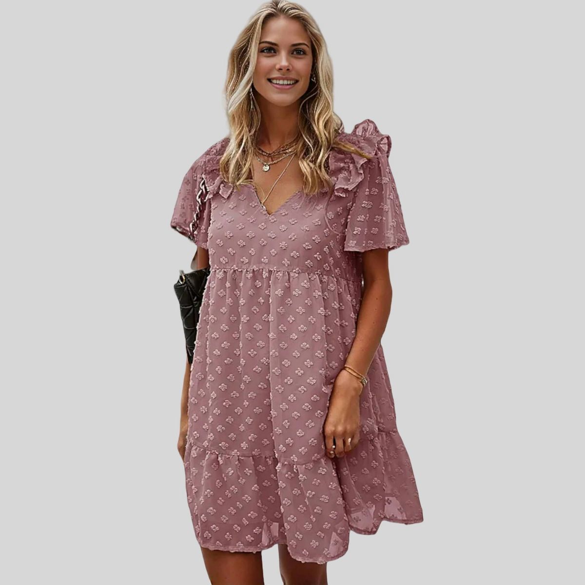 Anna-Kaci Women's Ruffle Sleeve Tiered Mini Dress with Textured Floral Pattern and V-Neckline