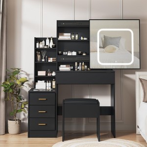 TROPOW Black Vanity Desk with Lighted Mirror ¨C Makeup Dressing Table Set with 4 Drawers & Stool for Women/Girls (1-Pack) - 1 of 4
