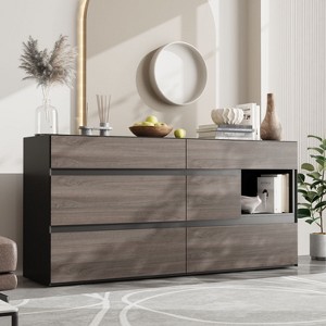 FUFU&GAGA 6-Drawer Storage Cabinet w/Open Shelf Black Frame & Wood Grain Front for Bedroom, Entryway, or Living Room Sideboard - 1 of 4