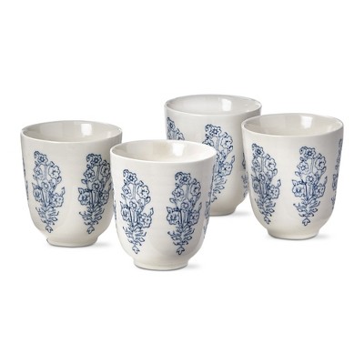 Cottage Blue Floral Stoneware Tea Cup Set of 4, 6 oz