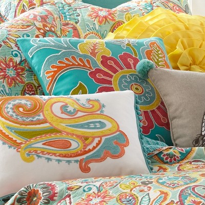 Palisades Crewel-Stitched Floral Decorative Pillow in Teal - 18"x18"