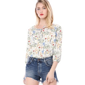 Allegra K Women's Bow Tie Round Neck 3/4 Raglan Sleeve Floral Blouse - 1 of 4