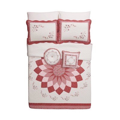 Caroline Round Embroidered White and Red Decorative Pillow