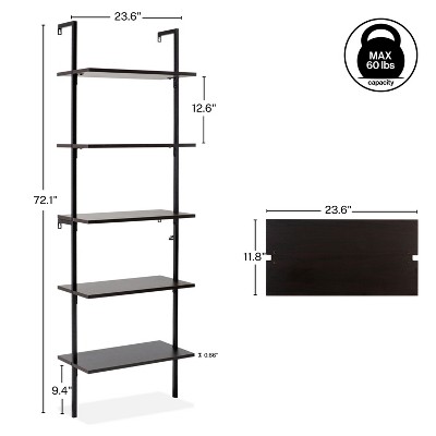 Madera Tall Black Wood and Metal Ladder Bookcase with 5 Shelves