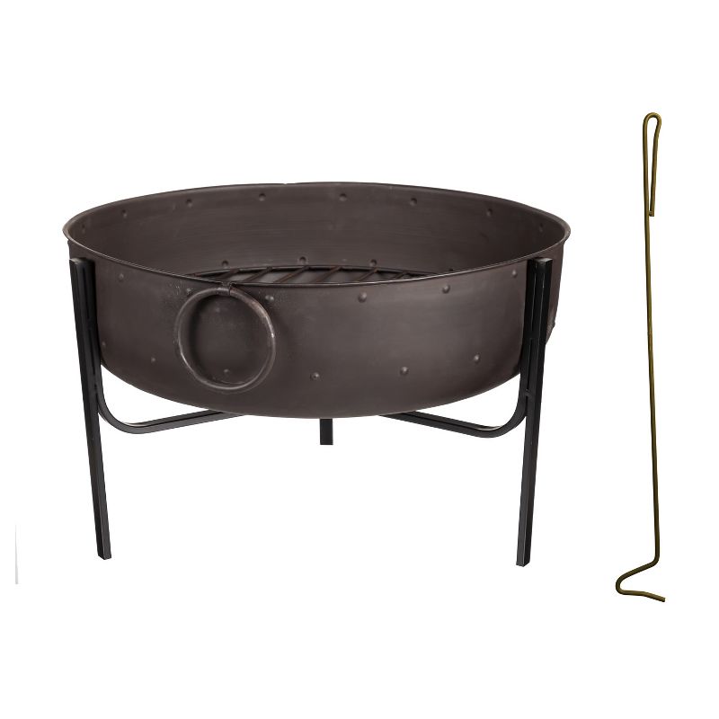 Evergreen Fire Pit with Iron Loop Handles- 24.5 x 16.5 x 24.5 Inches Outdoor Safe and Weather Resistant with Log Grate and Poker, 1 of 3