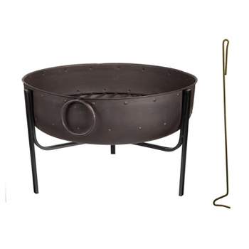 Evergreen Fire Pit with Iron Loop Handles- 24.5 x 16.5 x 24.5 Inches Outdoor Safe and Weather Resistant with Log Grate and Poker