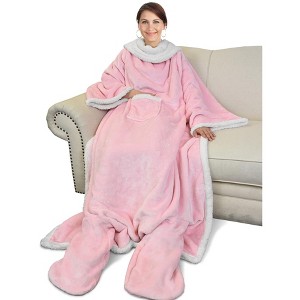 Catalonia Adult Fleece Wearable Blanket with Sleeves & Foot Pockets, Snuggle Wrap Sleeved Flannel Throw Blanket Robe, Warm Gifts Idea for Her Him - 1 of 4