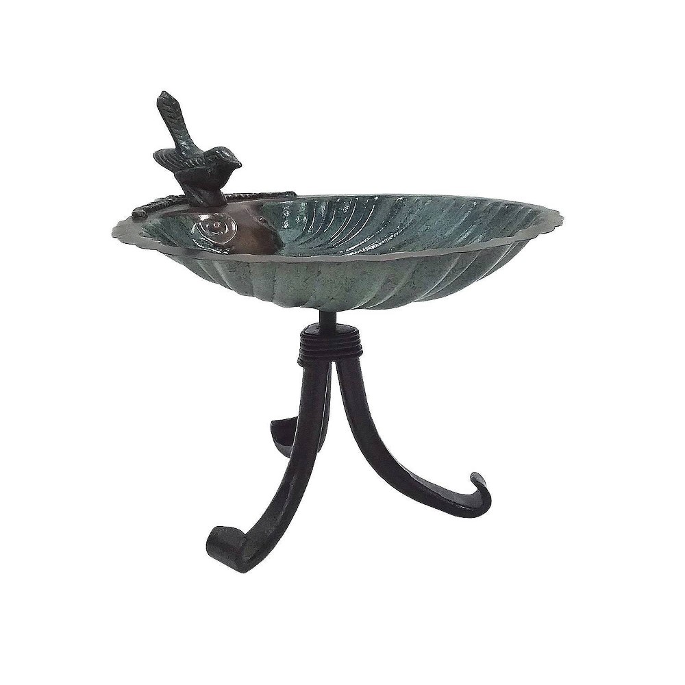 10.75" Tall Scallop Shell Birdbath with Tripod Stand Antique Brass Plated - Achla Designs: Weather-Resistant Aluminum Garden Decor