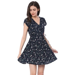 Allegra K Women's Boho Crossover V Neck Petal Sleeves Belted Floral Flowy Dress - 1 of 4