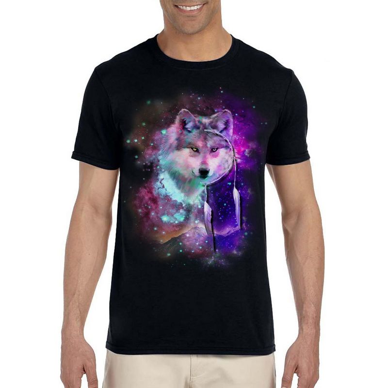 Dreamcatcher Wolf Space Fantasy Mens Shirt Black Galaxy Universe Tee Black, 1 of 4
