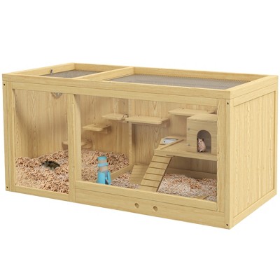 Pawhut Wooden Hamster Cage, Extra Large Gerbil Cage Activity Center For ...