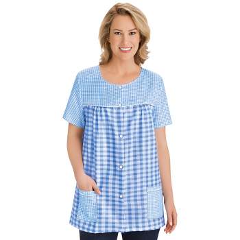Collections Etc Seersucker Checkered Pattern Snap Front Top with Pockets, Lightweight Short-Sleeve Scoop Neckline Shirt