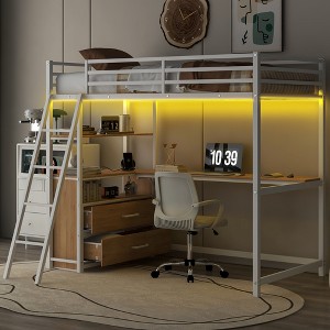 Whisen Twin Size Metal & Wood Loft Bed with Desk and Shelves, Two Built-in Drawers, LED Light and USB Charging Station - 1 of 4