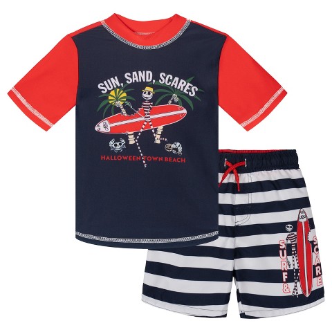 Disney Nightmare Before Christmas Jack Skellington Little Boys Rash Guard and Swim Trunks UPF 50+ Outfit Set Red / Black / White 6