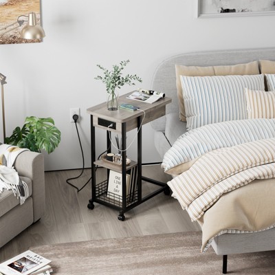 C Shaped End Table with Charging Station, Flip Top Side Table, Narrow Side Table with 3 Tier Storage Shelf, for Living Room & Bedroom