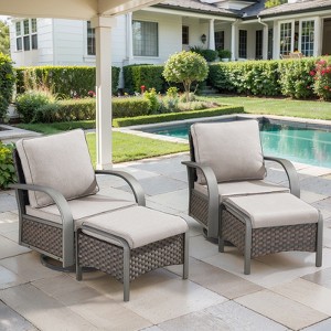 POCASSY 4 Piece Patio Furniture Set with Swivel Chairs and Ottomans, Metal Armrest Swivel Outdoor Chair Set Brown Wicker Swivel Patio Chairs for Porch - 1 of 4