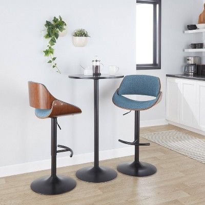 Walnut Wood and Blue Fabric Adjustable Swivel Barstools, Set of 2