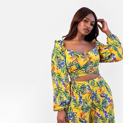Rebdolls Women's Destiny Tropical Print Puff Sleeve Crop Top