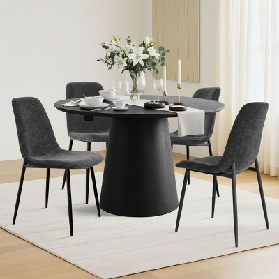 Extendable Dining Table Set for 4, Modern Black Pedestal Table with Upholstered Metal Leg Chairs for Kitchen or Dining Room-Tanpinhause