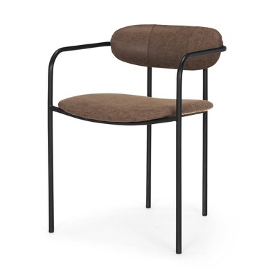 HomeRoots Brown and Black Faux Leather And Metal Open Back Dining Arm Chair
