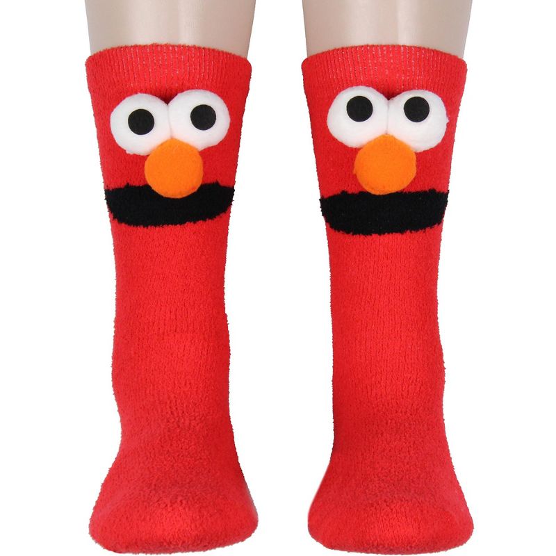 Sesame Street Socks 3D Eyes And Nose Elmo Adult Chenille Fuzzy Plush Crew Socks Red, 2 of 6