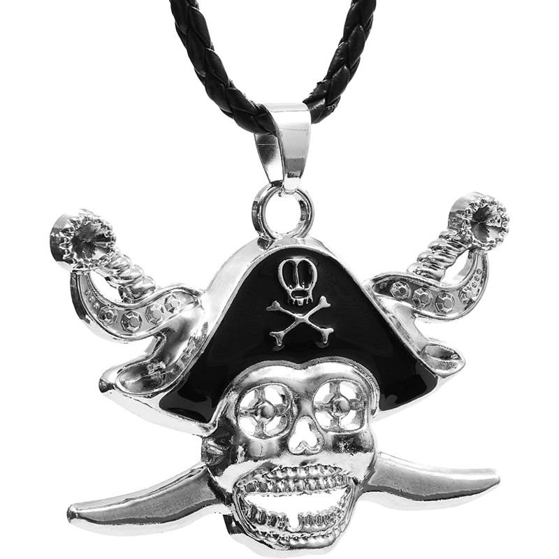 Blue Panda Silver Pirate Skull Pendant with Leather Chain Necklace for Men and Halloween Party, 19", 4 of 5