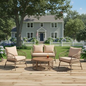 YOOCOZZ Bohemian 4-Person Outdoor Seating Set with Wood Table - Beige - 1 of 4