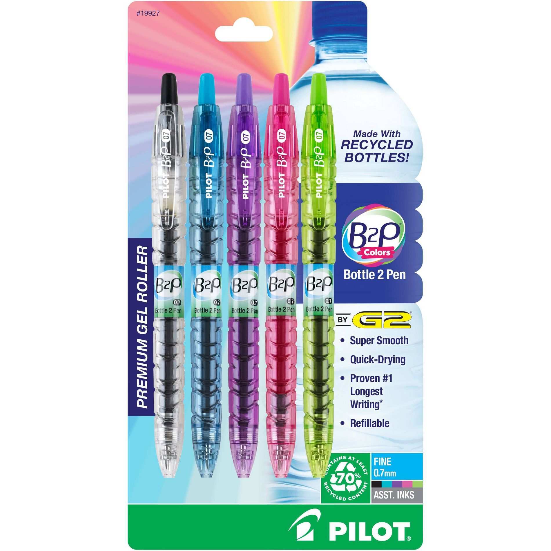 Pilot 5pk B2P Bottle-2-Pen Gel Pens Fine Point 0.7mm Assorted Inks
