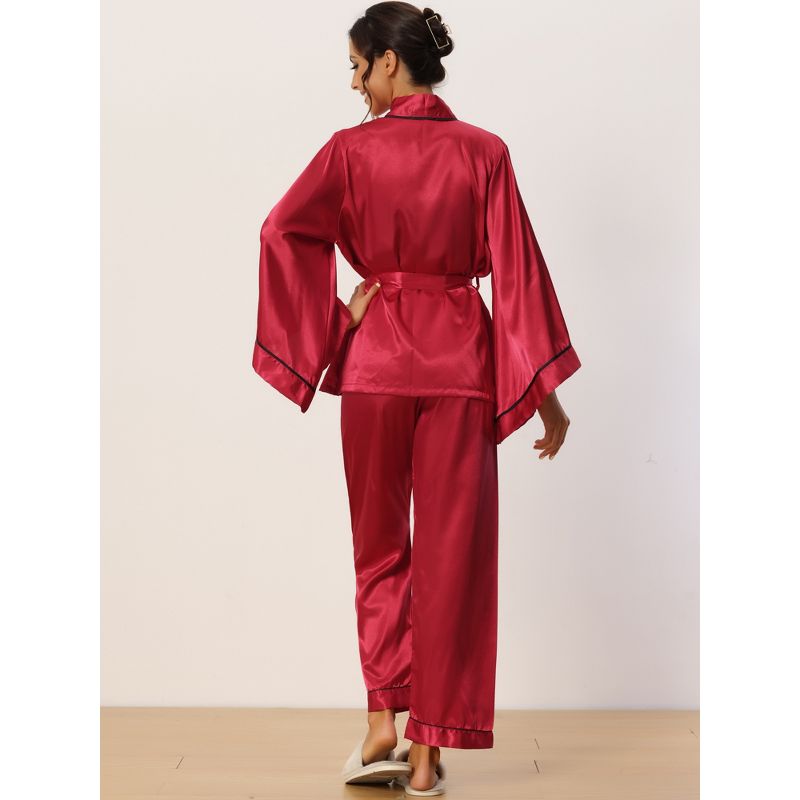 cheibear Women's Silky Satin Bell Sleeve Sleepwear Robe with Pants Pajama Sets, 3 of 6