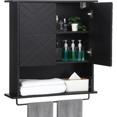 Wood Wall Mounted Bathroom Storage Cabinet with Adjustable Shelf and Towel Bar, 2-Tier Cabinet for Bathroom Living Room Laundry Room Kitchen