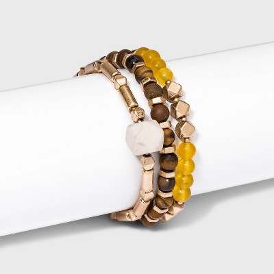 Semi-Precious Cream Opal and Tiger Eye Stretch Bracelet Set 3pc - Universal Thread™ Brown