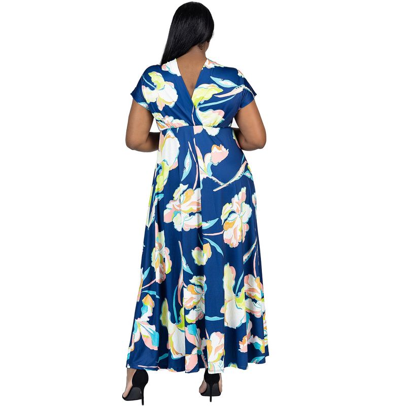 24seven Comfort Apparel Plus Size Navy Floral Print V Neck Empire Waist Cap Sleeve Maxi Dress, 3 of 7