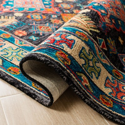 Aspen Charcoal and Blue Handmade Wool Floral Area Rug