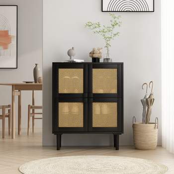 4-Doors Rattan Mesh Storage Cabinet, Shoe Cabinet with Eight Storage Spaces, for Entryway, Living Room, Hallway - ModernLuxe