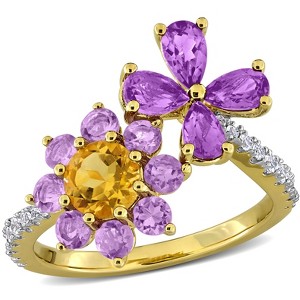 EVERLY JEWELRY | Yellow Plated Sterling Silver 2 1/3ct TGW Citrine African Amethyst Rose de France and White Topaz Flower Ring - 1 of 4