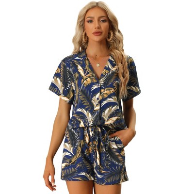 Allegra K Women's Floral Tropical Vacation Beach Hawaiian Button Down Shirt and Short Set