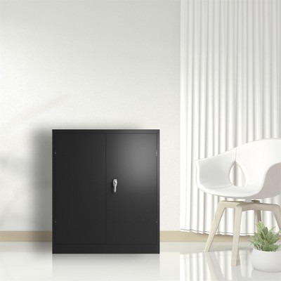 Large Metal Storage Cabinet, Lockable File Cabinet with 2 Doors and 2 Shelves, Steel Storage Cabinet for Home Office Garage Warehouse black