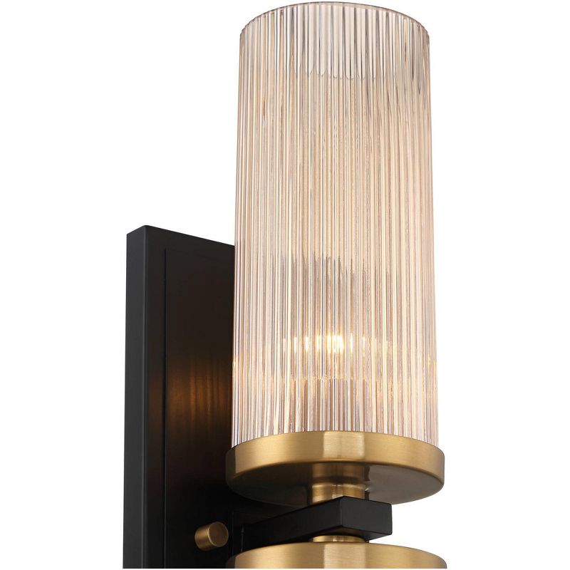 Stiffel Modern Wall Light Sconce Black Brass Hardwired 4 1/4" 2-Light Fixture Ribbed Champagne Glass Shade for Bedroom Bathroom Vanity Living Room, 3 of 10