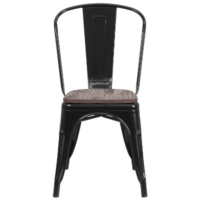 Black Metal Stackable Dining Chair with Wood Seat