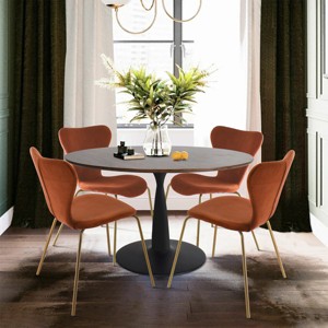 Harold+Flavia 5-Piece Walnut Foil  Round Top Pedestal Dining Table Set with 4 Upholstered Chairs -Maison Boucle - 1 of 4