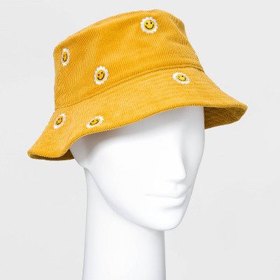 Women's Embroidered Smiley Face Corduroy Bucket Hat - Camel