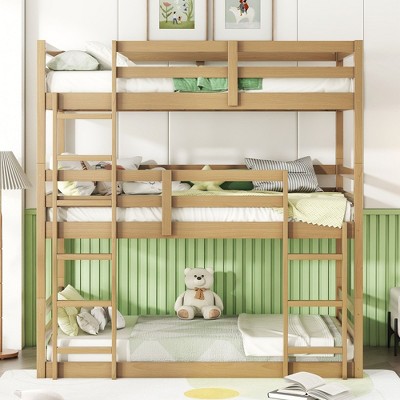 NicBex Twin Size Bunk Bed Convertible Triple Wooden Bed Frame with 2 Ladders and Full Length Guardrail, No Box Spring Required
