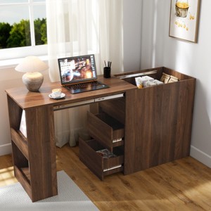 Modern Computer Desk with Drawers and Storage Shelves, Foldable L-Shaped Home Office Desk for Bedroom, Living Room or Apartment-Tanpinhause - 1 of 4