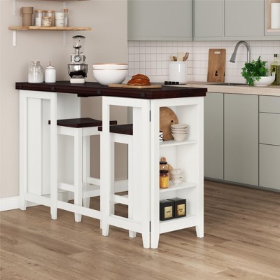 White and Walnut Acacia Wood Counter Height Dining Set with Drop Leaf