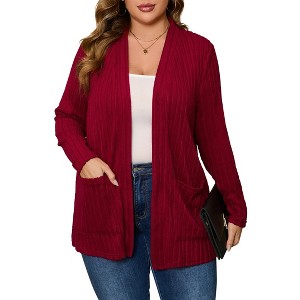 Womens Plus Size Open Front Cardigan Lightweight Long Sleeve Sweaters Tops 2024 Fall Coat Outerwear with Pockets - 1 of 4